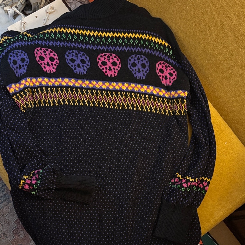 Modcloth Black Sweater dress with Colorful Skull Pattern m